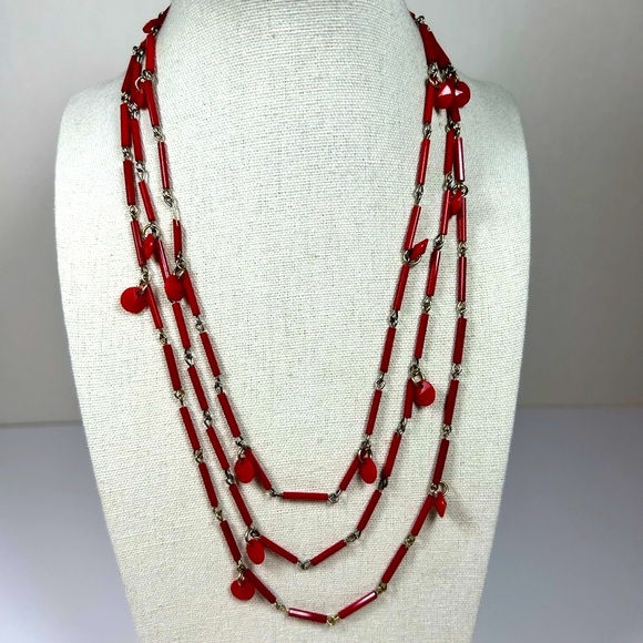 Vintage Opera Length Necklace Red Glass Bugle Beads Lucite Dangles MCM Mod Retro - Picture 2 of 8